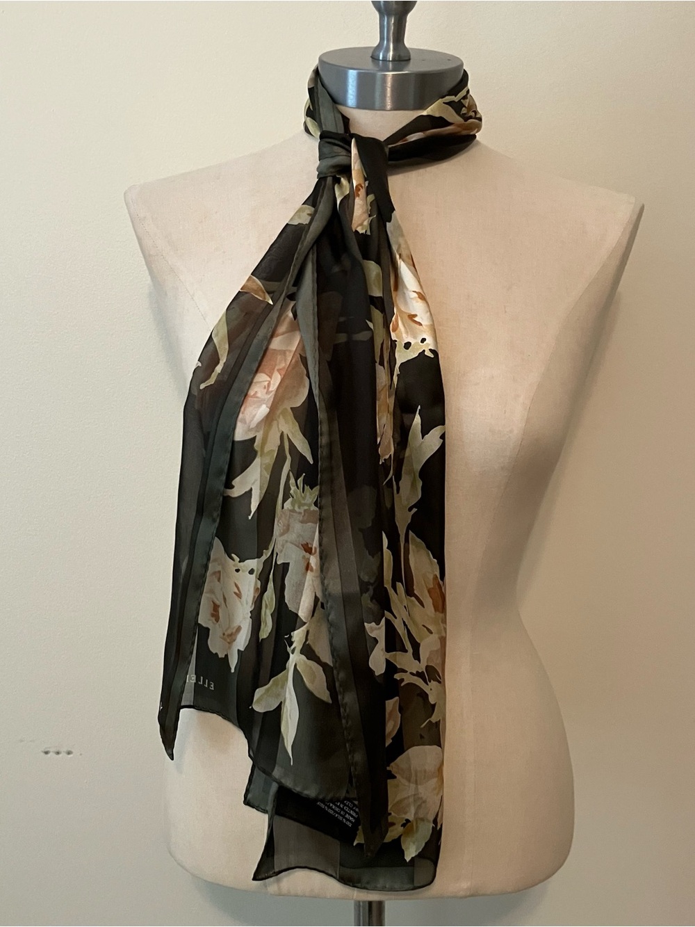 VTG Ellen Tracy Green Floral Stripe Silk Scarf Rectangle 11x52in